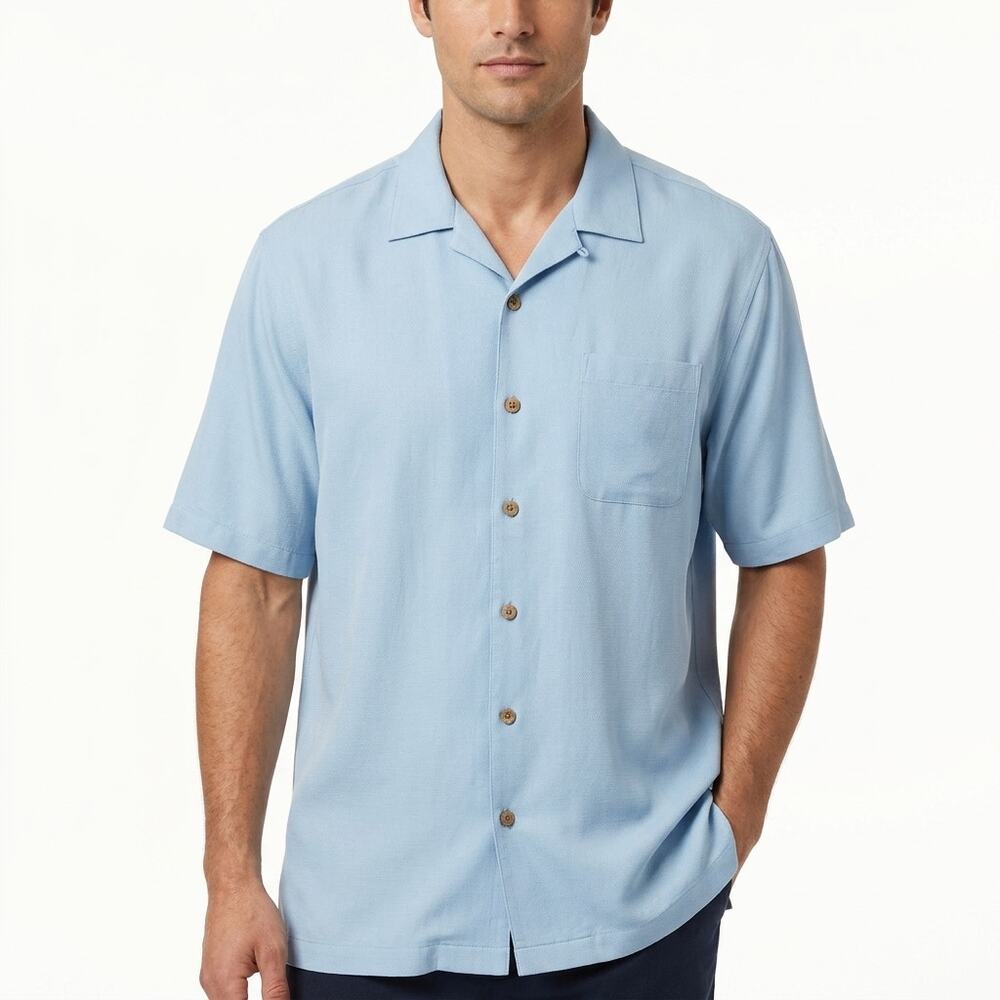 Tommy Bahama Embroidered 100% Silk Blue Graphic Button-Up Shirt Men Size XL